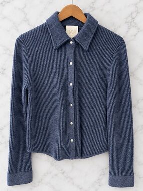 TWP Navy 100% Cashmere Ribbed Snap Front Collared Cardigan Size S